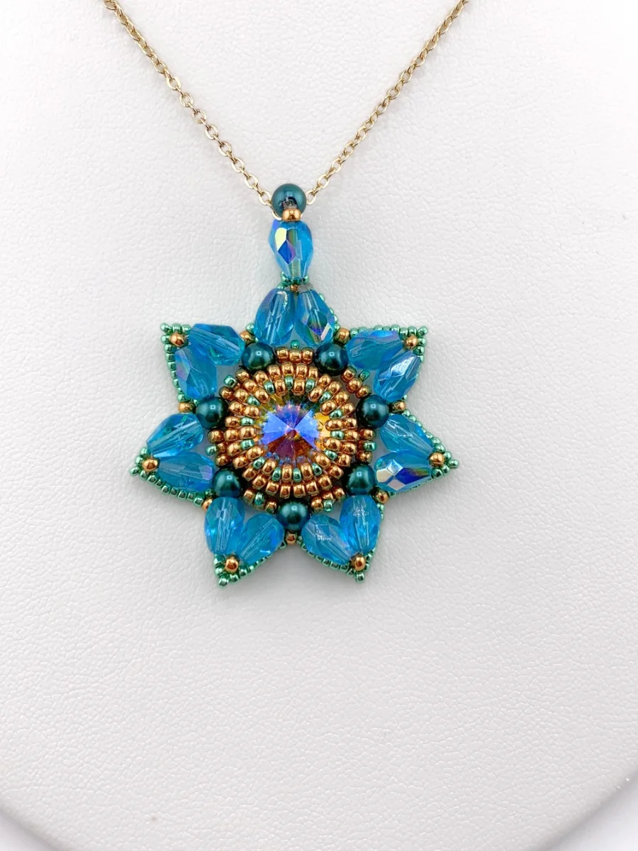 Floral Reflection Beaded Pendant - Aqua/Gold product image (1)