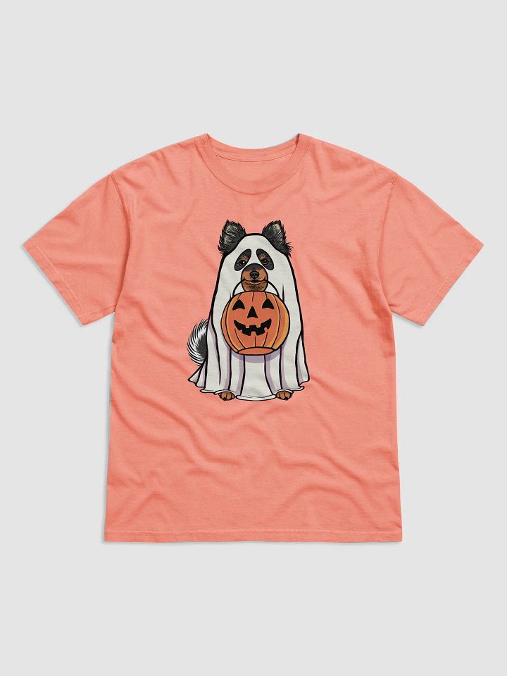 Funny Halloween Pomeranian(Tricolor) T-Shirt | Funny Pomeranian Wearing a Ghost Costume and Holding a Pumpkin Basket product image (1)