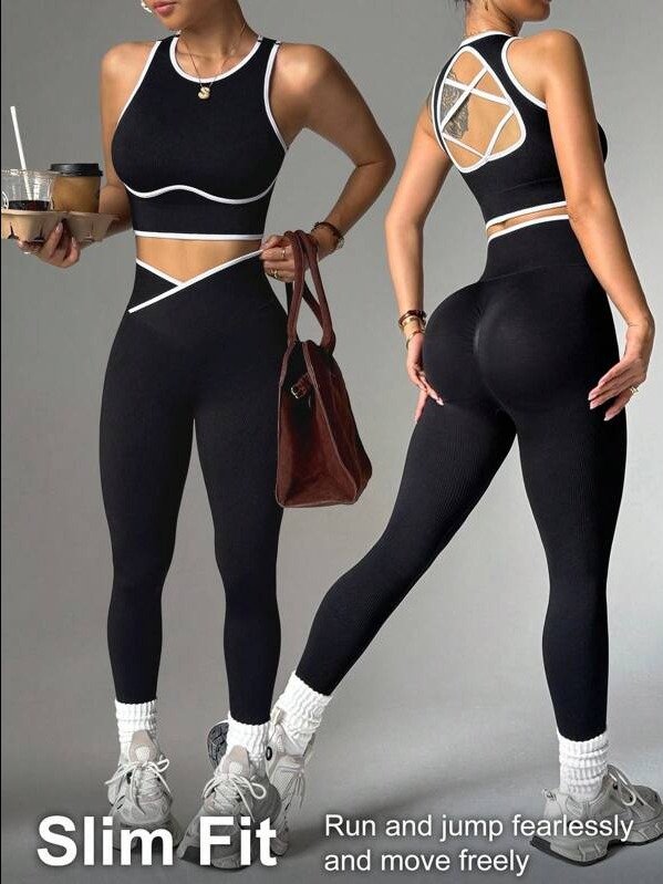 ADLEST Women's Contrast Trim Round Neck Backless Top And High Waist Pants Sports Suit product image (1)
