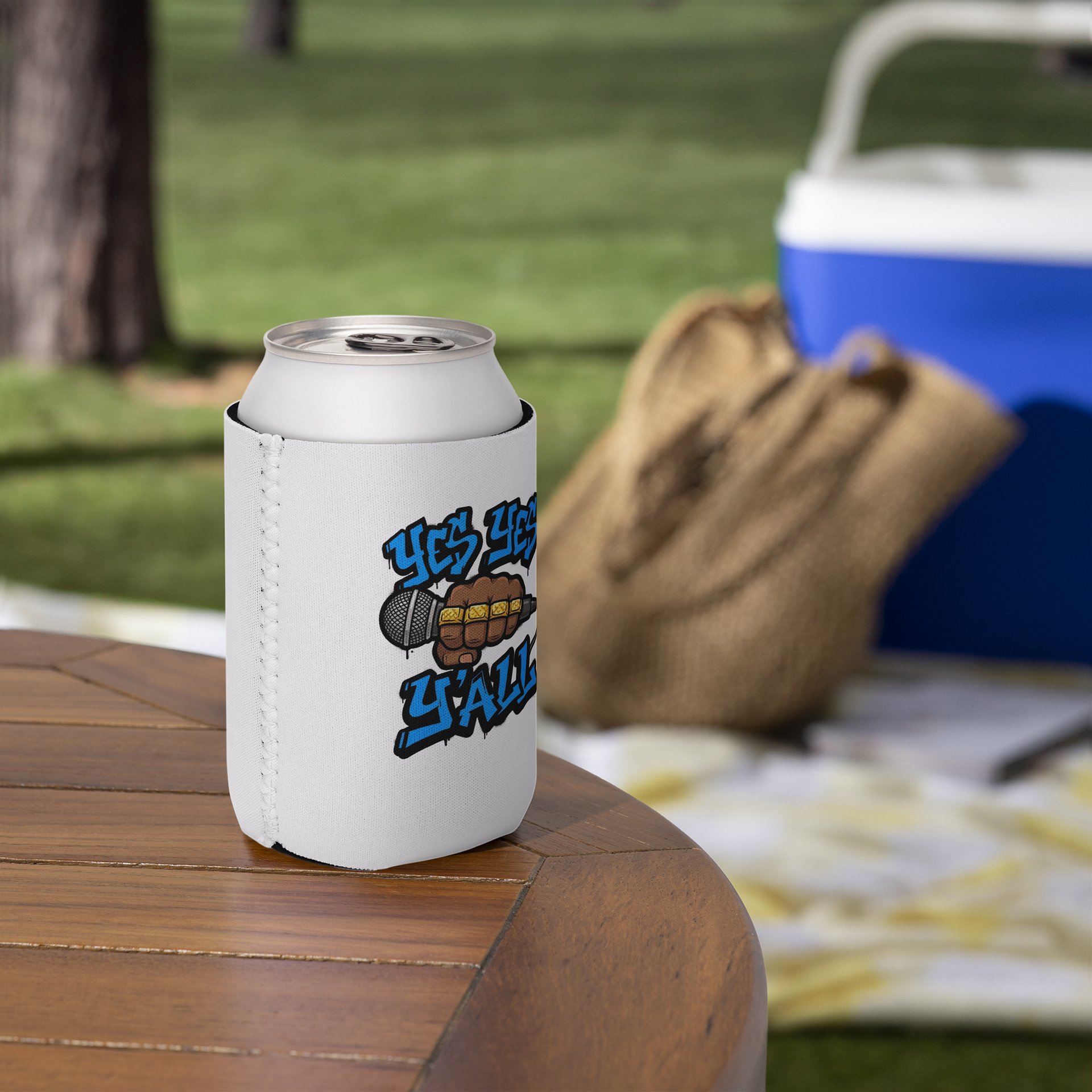 Yes Yes Y’all Hip Hop Can Cooler – White with Microphone Graffiti Graphic product image (5)