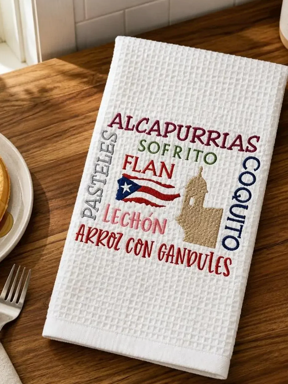 Embroidered Puerto Rican Food Kitchen Towel: Spanish Decor product image (1)