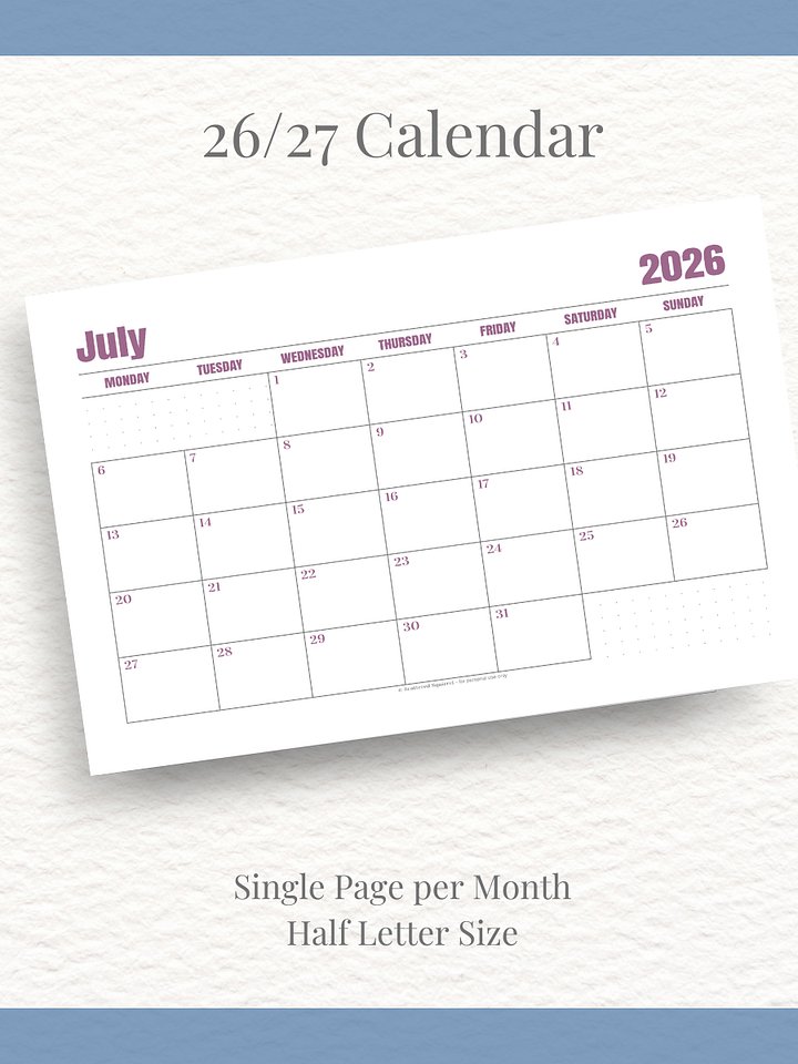 Jewel Tone Quarters - 26/27 Calendar - Single Page per Month - Half Letter Size product image (1)