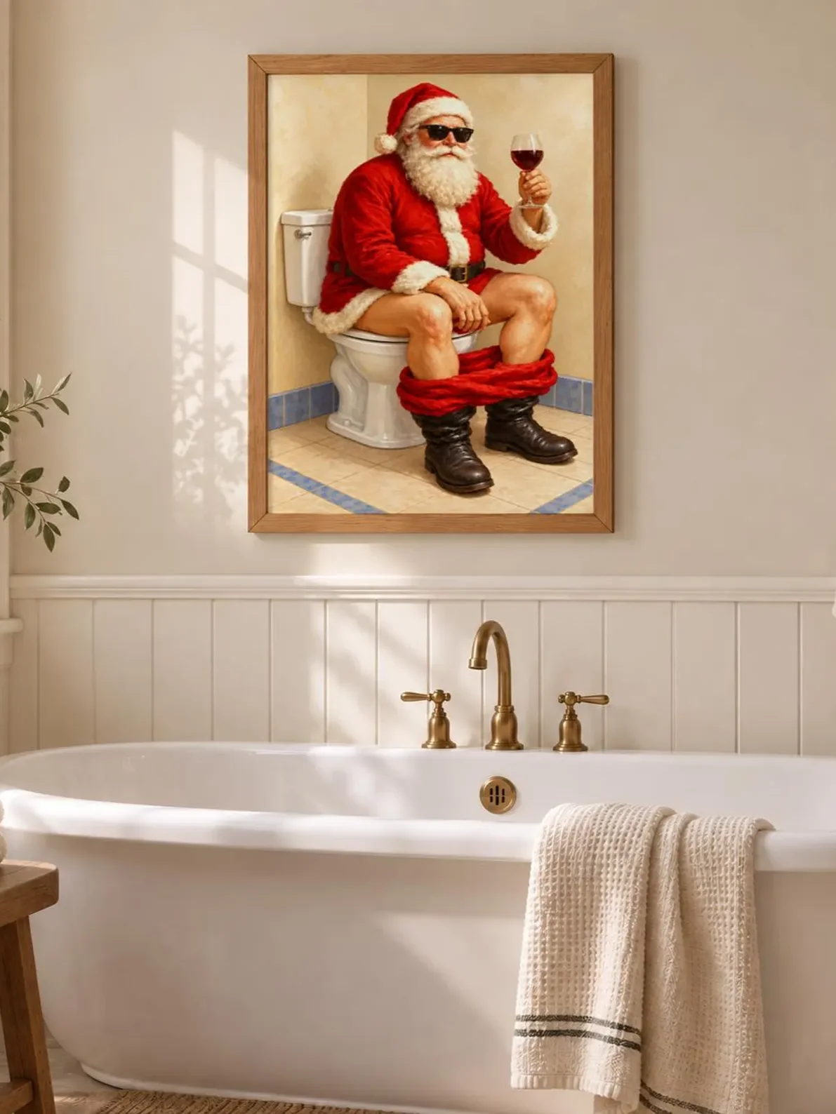 Funny Santa Toilet Print, Christmas Bathroom Wall Art, Sunglasses and Wine Poster, Quirky Holiday Decor, Printable Gift for Cozy Powder Room product image (4)