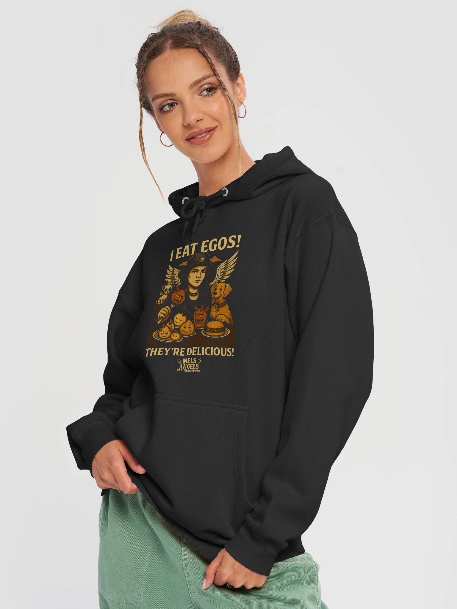 Mel’s Angels "I Eat Egos – They’re Delicious" Hoodie | Vintage Punk Rock Dog Lover Graphic Sweatshirt product image (3)