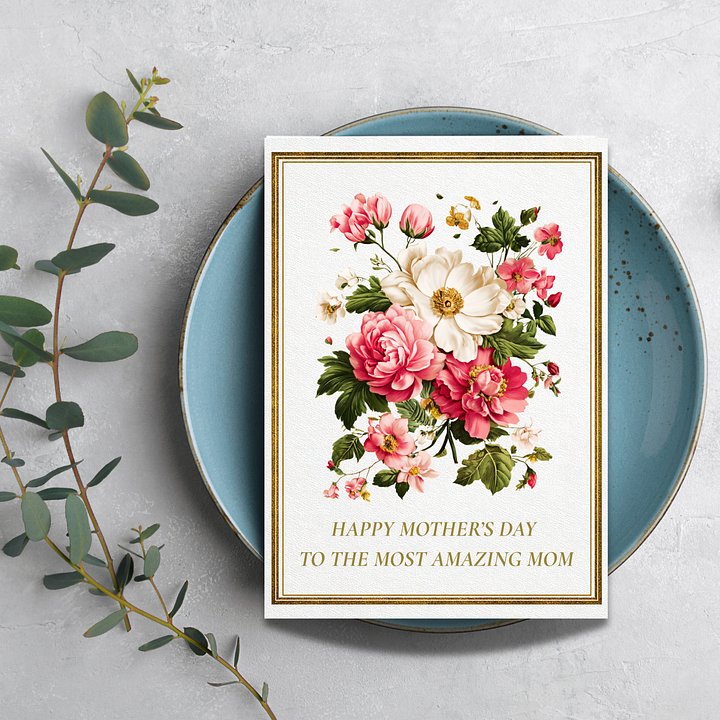 Floral Mother's Day Card, Elegant Gold Border (PDF Printable 5x7 Folded Card) product image (1)