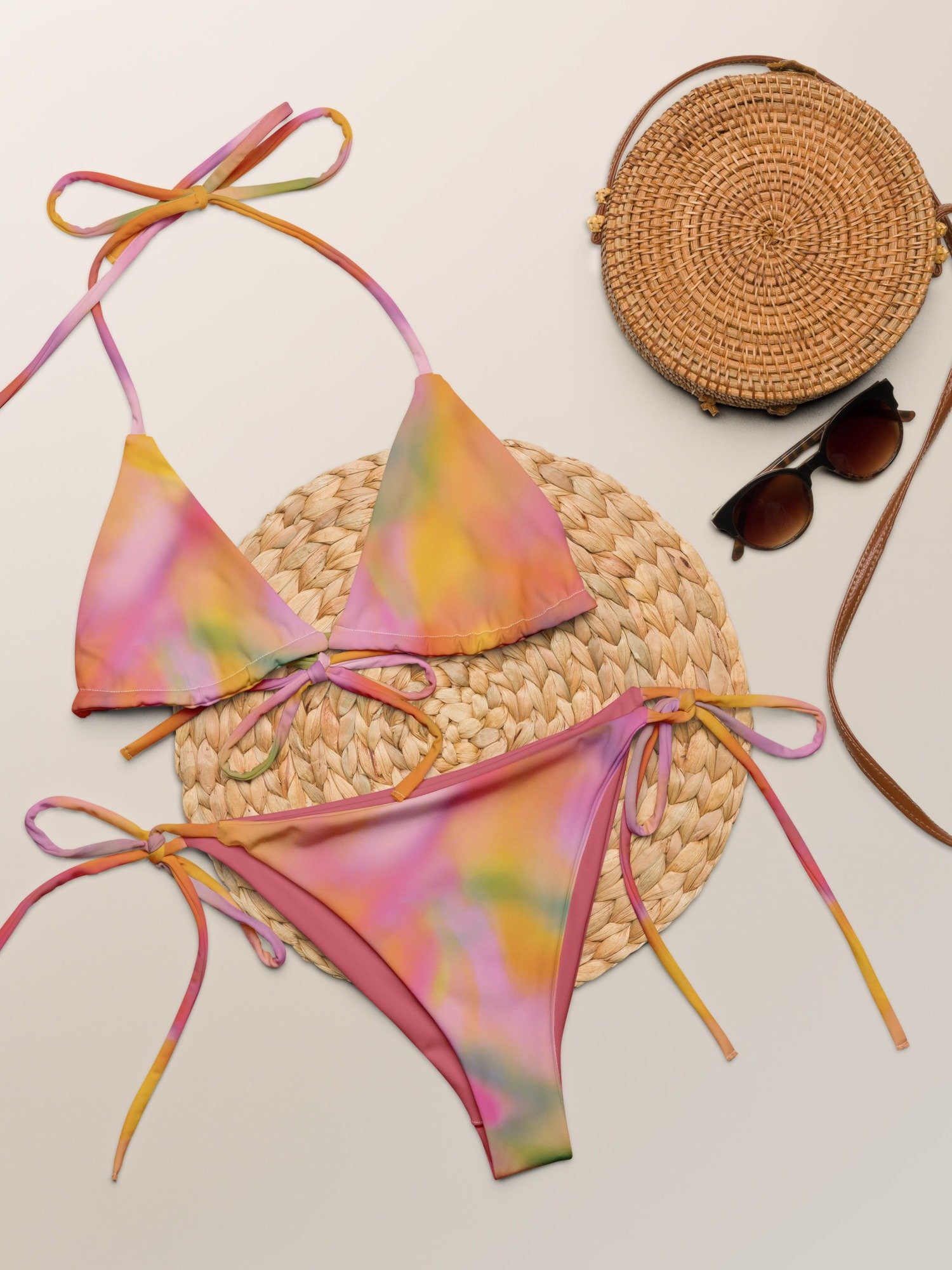 Recycled String Bikini Bottom "Sweet Pastel Tie Dye in Orange Light Pink" product image (5)
