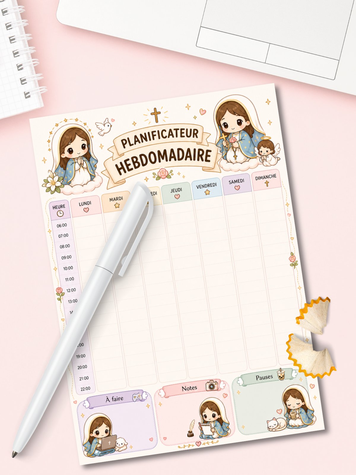 FR/EN/DE/ES/IT/PT/RU/KO/JP Kawaii Weekly Planner Printable | Mary Chibi Style (Digital Download) product image (1)