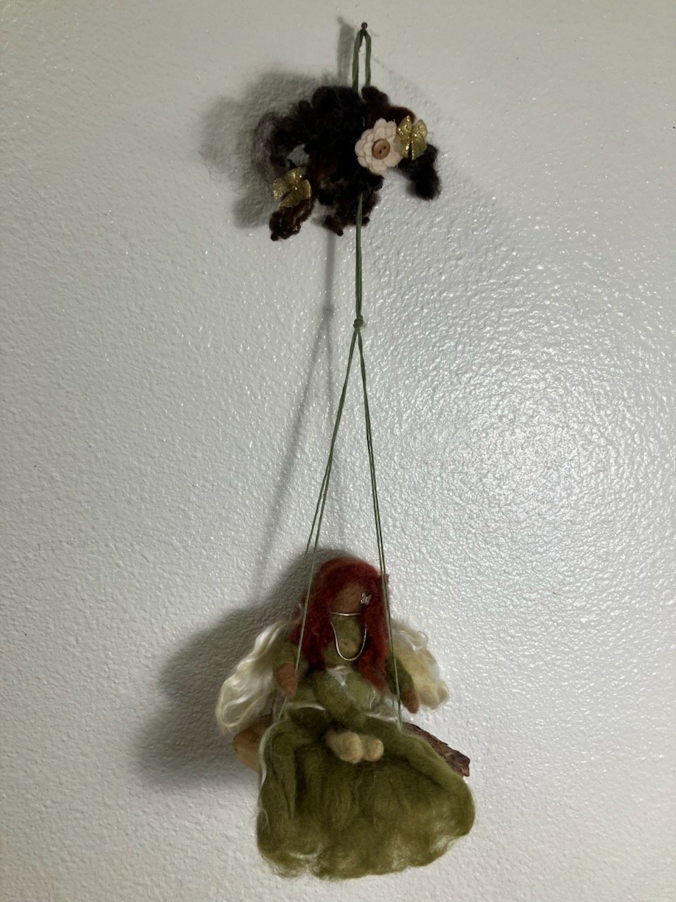 Hand-Felted Guardian Angel on Natural Wood Swing - Earthy Green Gown - Artisan Hanging Sculpture product image (3)