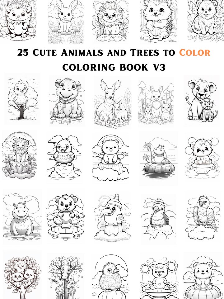 25 CUTE ANIMALS AND TREES TO COLOR 🎨 PRINTABLE ANIMALS COLORING BOOK V3🖍 product image (1)
