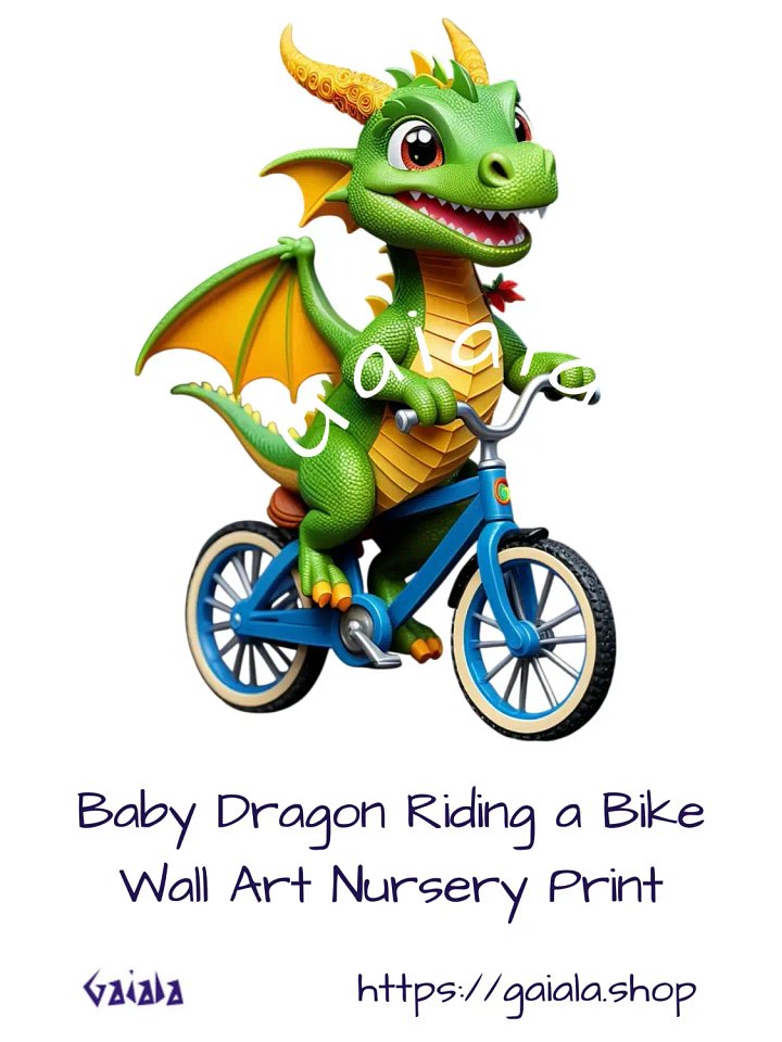 Baby Dragon Riding a Bike Kid Nursery Print Child Wall Art product image (1)