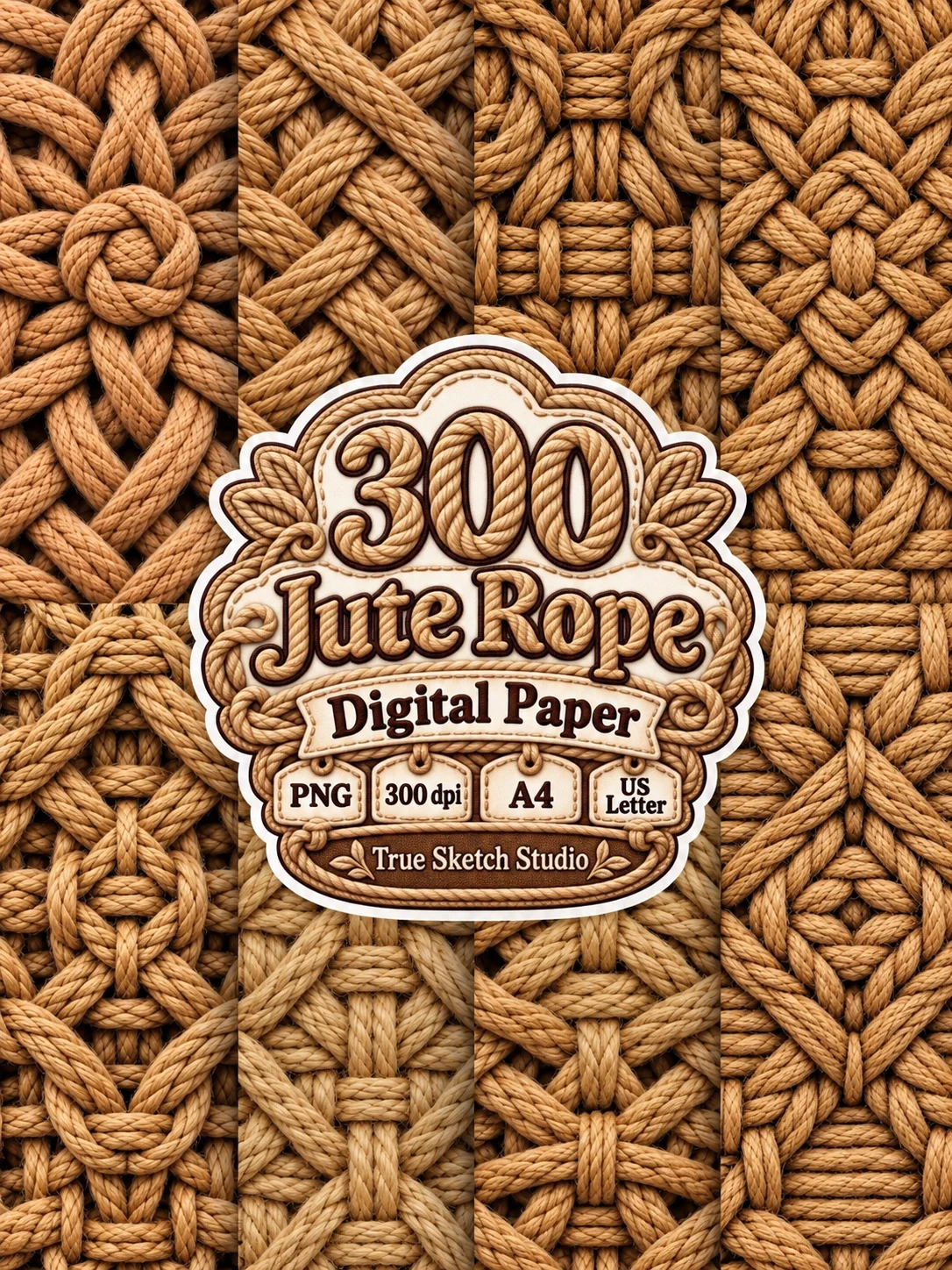 Jute Rope Digital Paper Bundle, Beige Brown Woven Textures, Rustic Scrapbook Backgrounds, Braided Motifs, Printable Junk Journal Craft Pages product image (8)