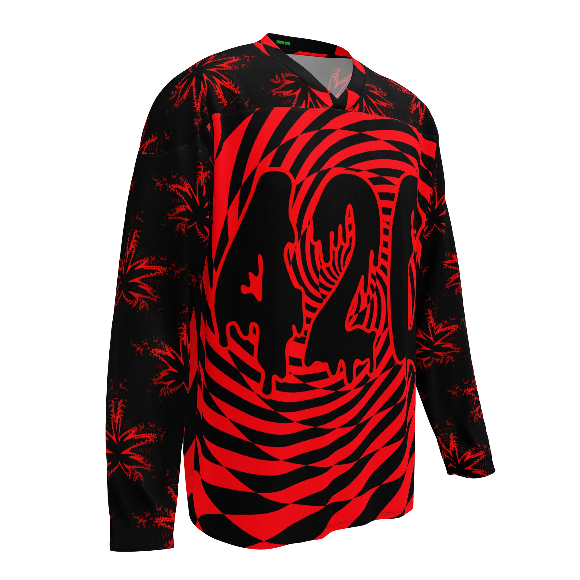 420 EDM Hockey Jersey, Black Red Cannabis Rave Shirt, Stoner Festival Fashion, Psychedelic Pot Leaf Clothes, Trippy Checkers Swirl Weed Top product image (4)