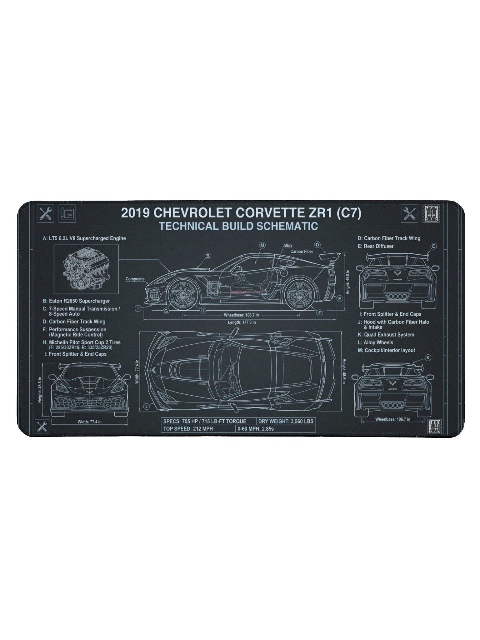 ZenCarCulture CORVETTE C7 ZR1 TECHNICAL SCHEMATIC DESK PAD & MOUSE MAT product image (1)
