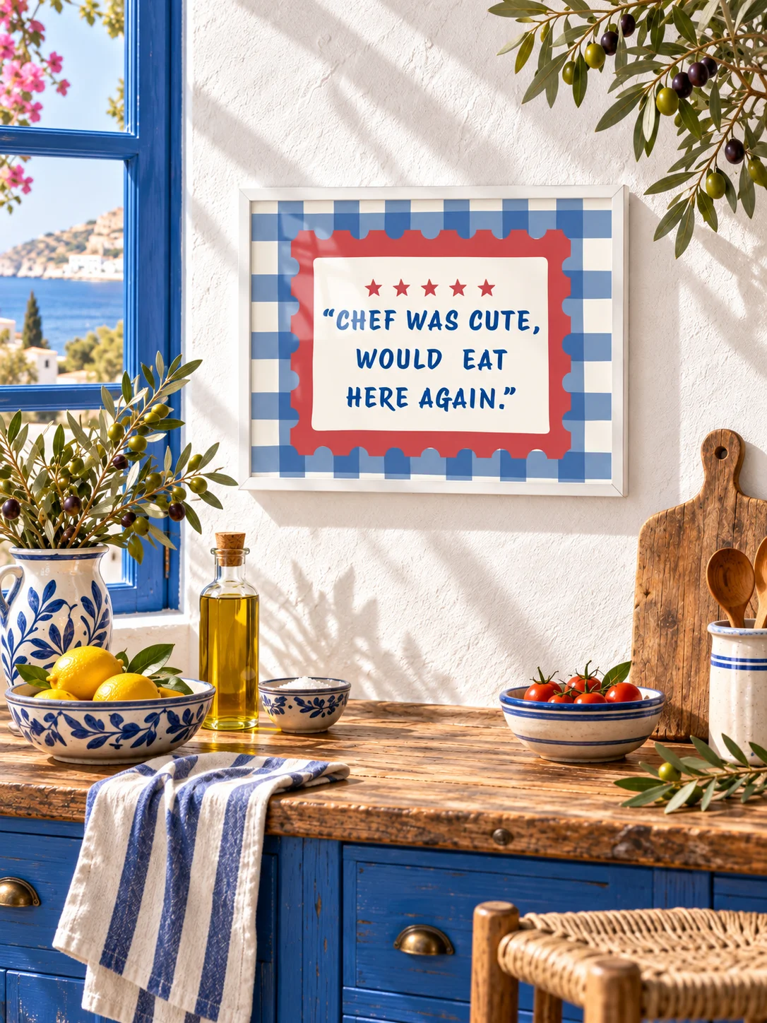 Chef Was Cute Printable Kitchen Wall Art | Funny Restaurant Review Quote | Retro Gingham Poster | Blue Red Dining Decor | Digital Download product image (1)