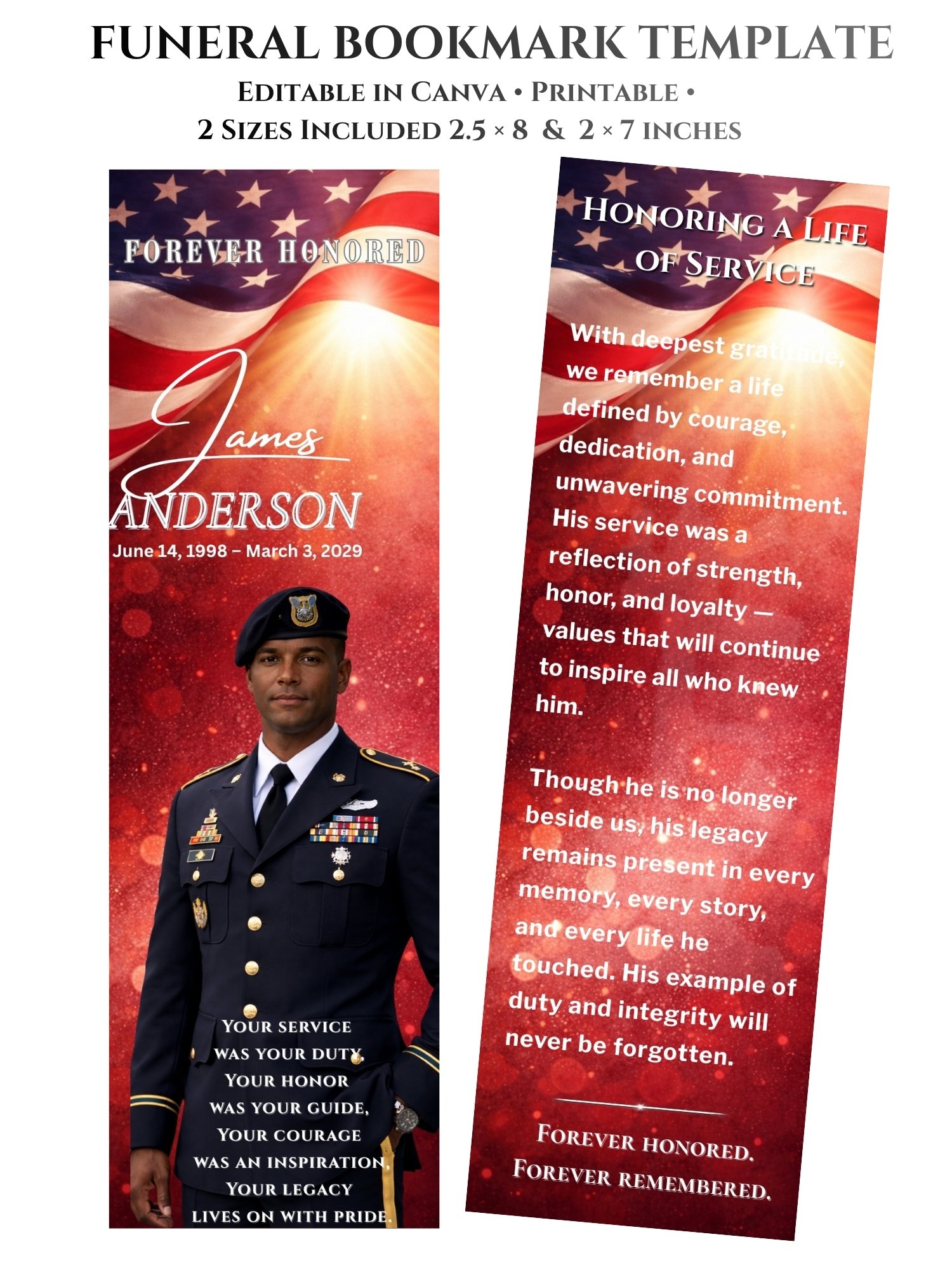 Military Funeral Bookmark Template, Veteran Obituary, Editable Canva product image (2)