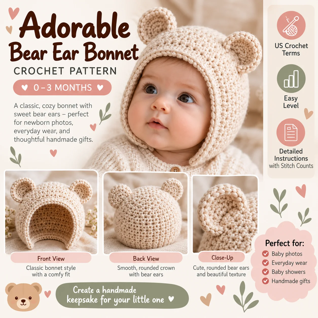 Baby Bear Bonnet Crochet Pattern PDF | 0–3 Months | Bear Ear Baby Hat product image (3)