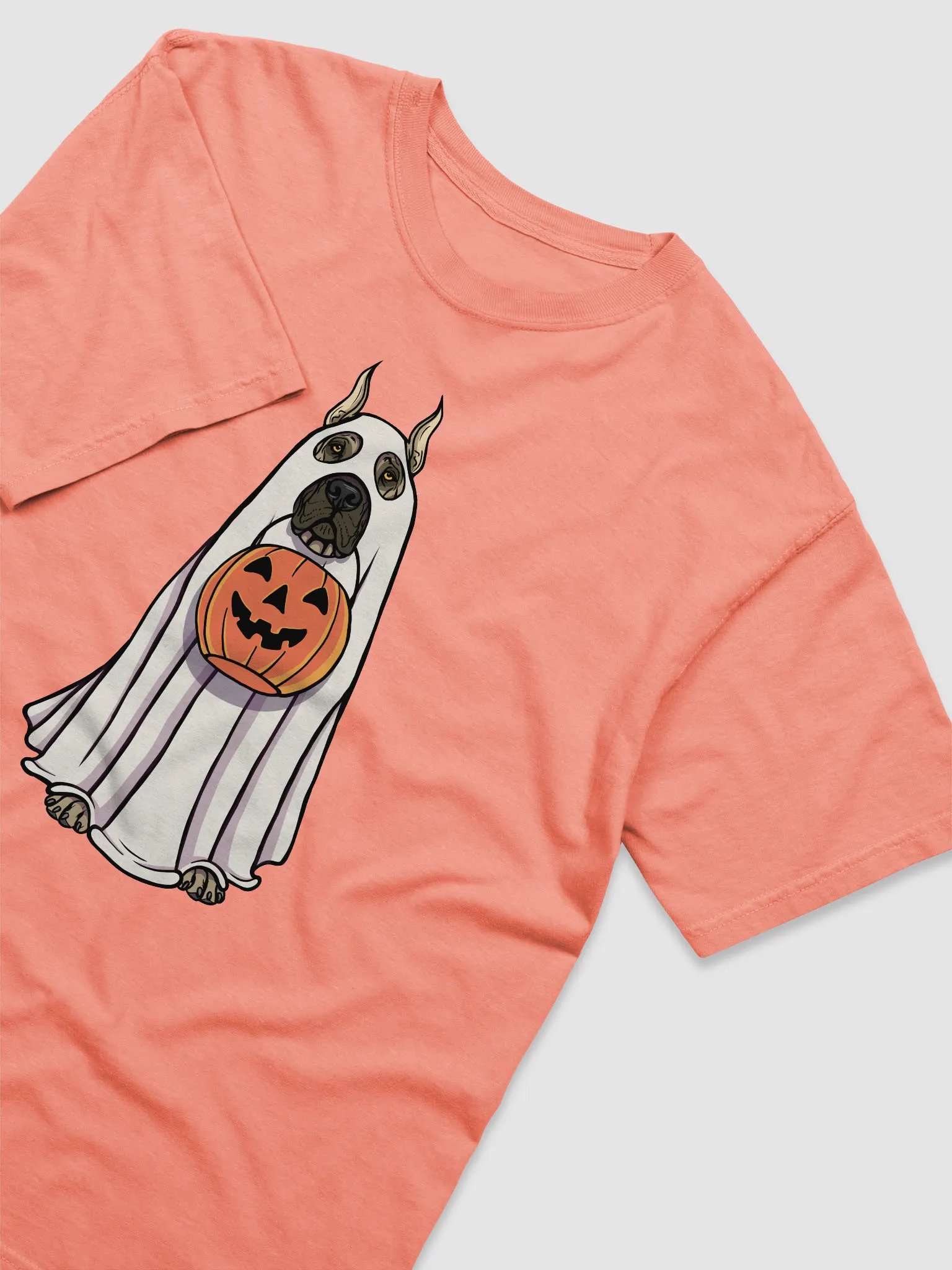 Funny Halloween Great Dane(Cropped Ears) T-Shirt | Funny Great Dane Wearing a Ghost Costume and Holding a Pumpkin Basket product image (6)