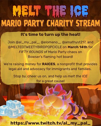 🔥❄️ Tomorrow we MELT THE ICE ❄️🔥 

We’re playing 50 rounds of Mario Party on Bowser’s board to raise money for RAICES, suppor...