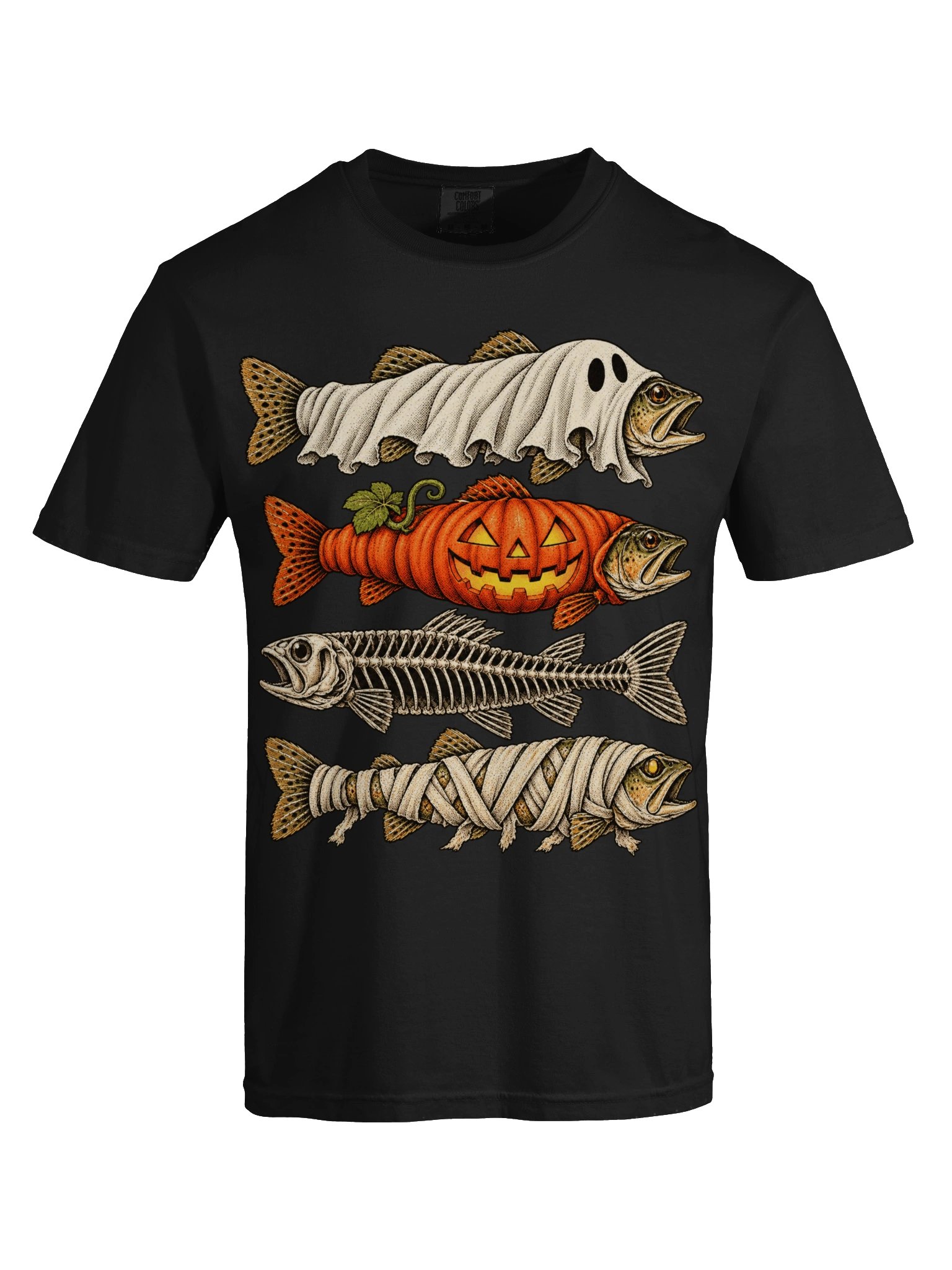 T-shirt de pêche d'Halloween avec un poisson-bar effrayant | T-shirt avec un poisson squelette de citrouille fantôme et de momie, cadeau pour pêcheur effrayant Comfort Colors® product image (4)