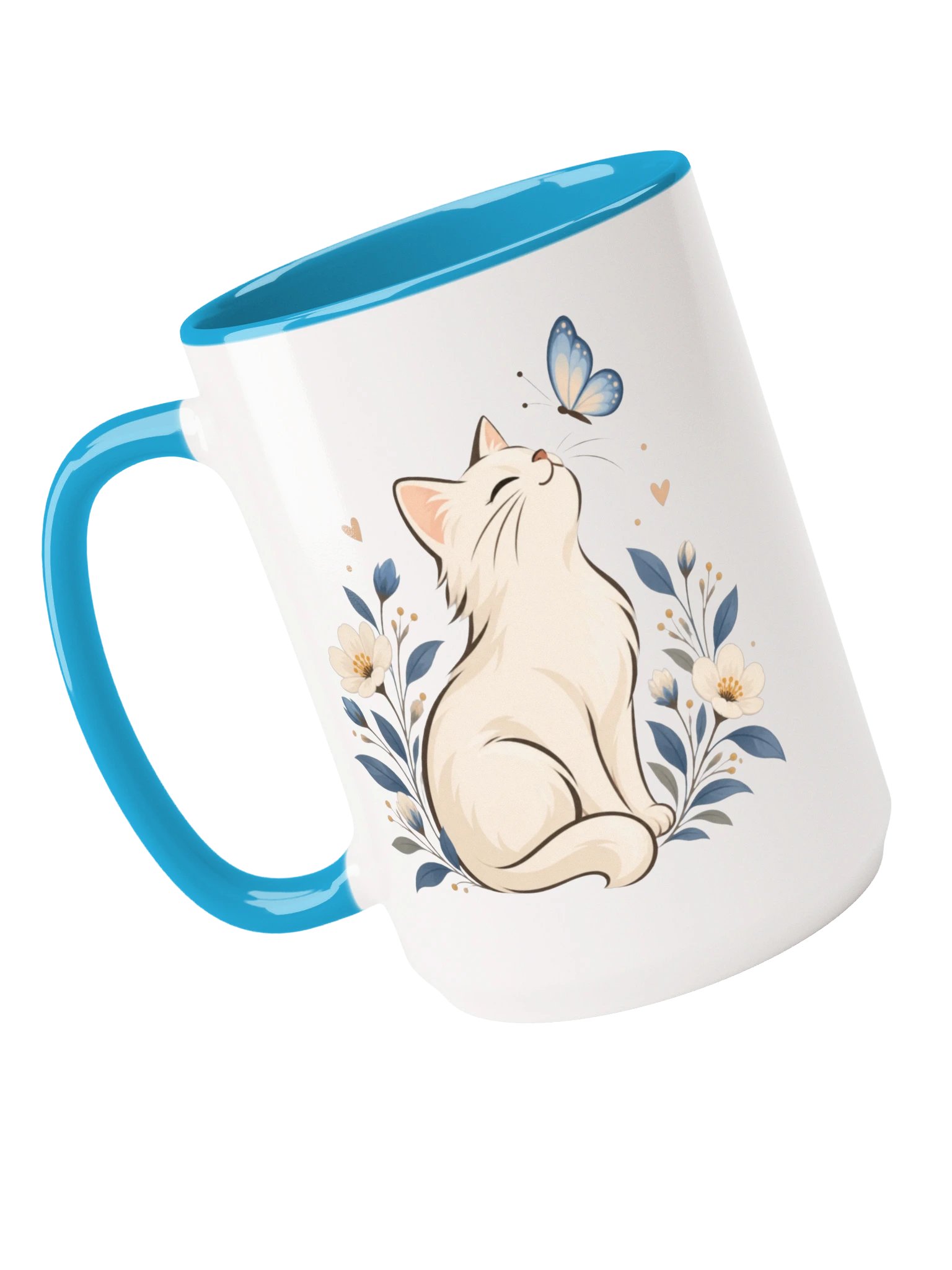 15 oz Light Blue Ceramic Mug | Cute Cat & Butterfly Design product image (4)