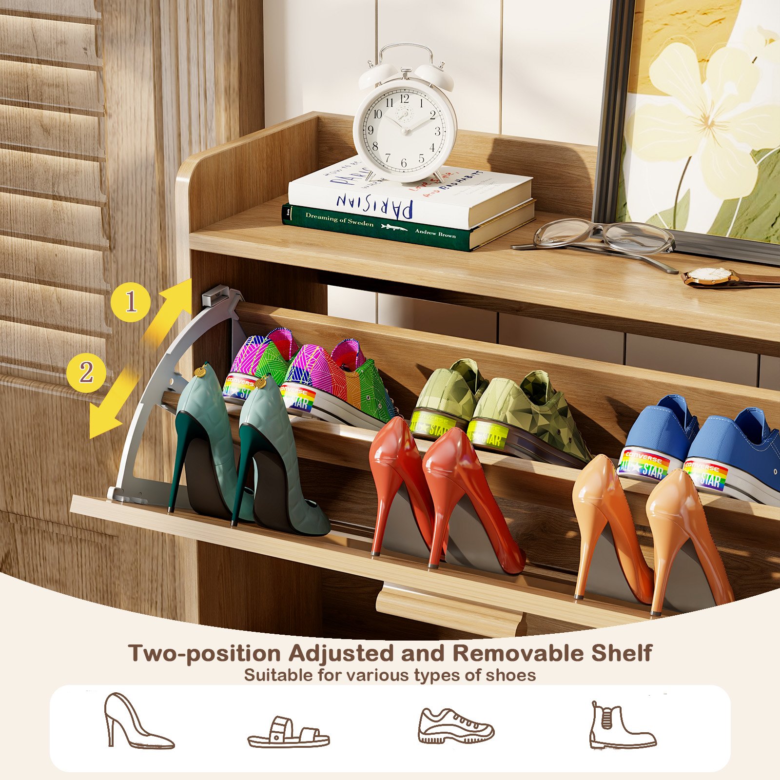 Shoe Cabinet with Natural Rattan Flip Drawers for Entryway Free Standing Slim Shoe Storage Organizer with 2 Flip Drawers Natural product image (4)