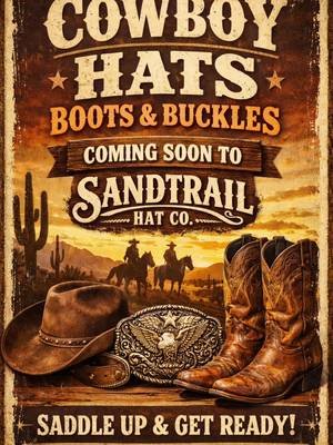The moment everyone has been waiting for!!! All 3 Coming Soon! Follow to stay updated and make sure to go to sandtrailhatco.com and sign up for our FREE email newsletters to stay updated on all new collections, deals, and promotions!! #fyp #seo #boots #buckles #cowboyhats 