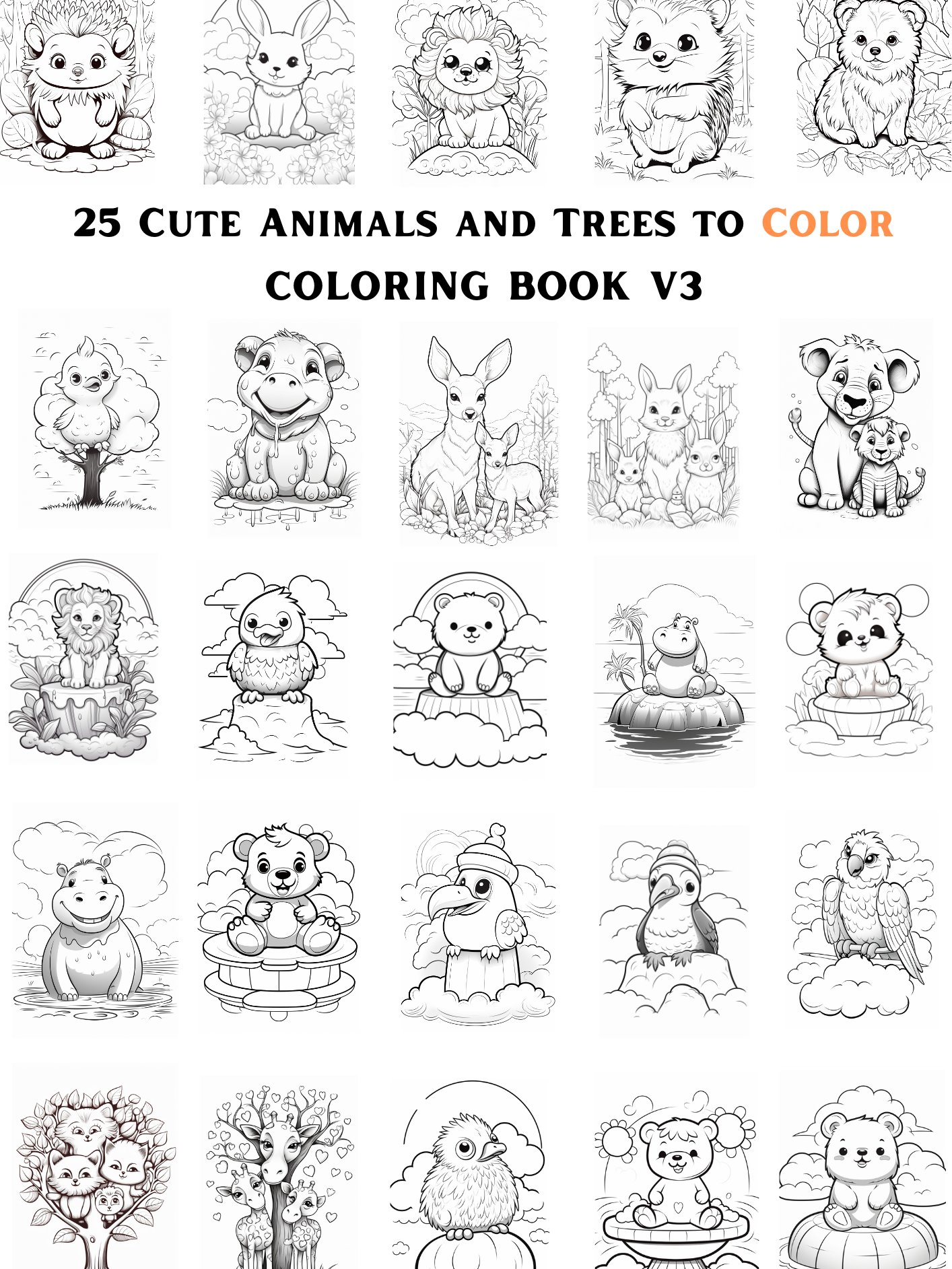 25 CUTE ANIMALS AND TREES TO COLOR 🎨 PRINTABLE ANIMALS COLORING BOOK V3🖍 product image (1)