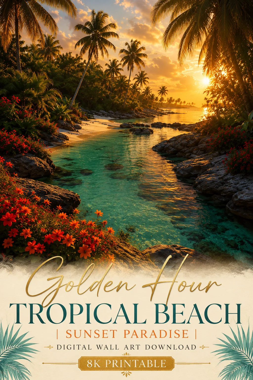 Golden Hour Tropical Beach | Sunset Paradise Digital Wall Art Download | 8K Printable product image (1)