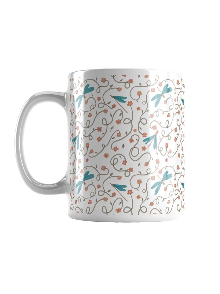 White glossy mug with dragonfly and floral pattern. Artistic nature inspired design product image (1)