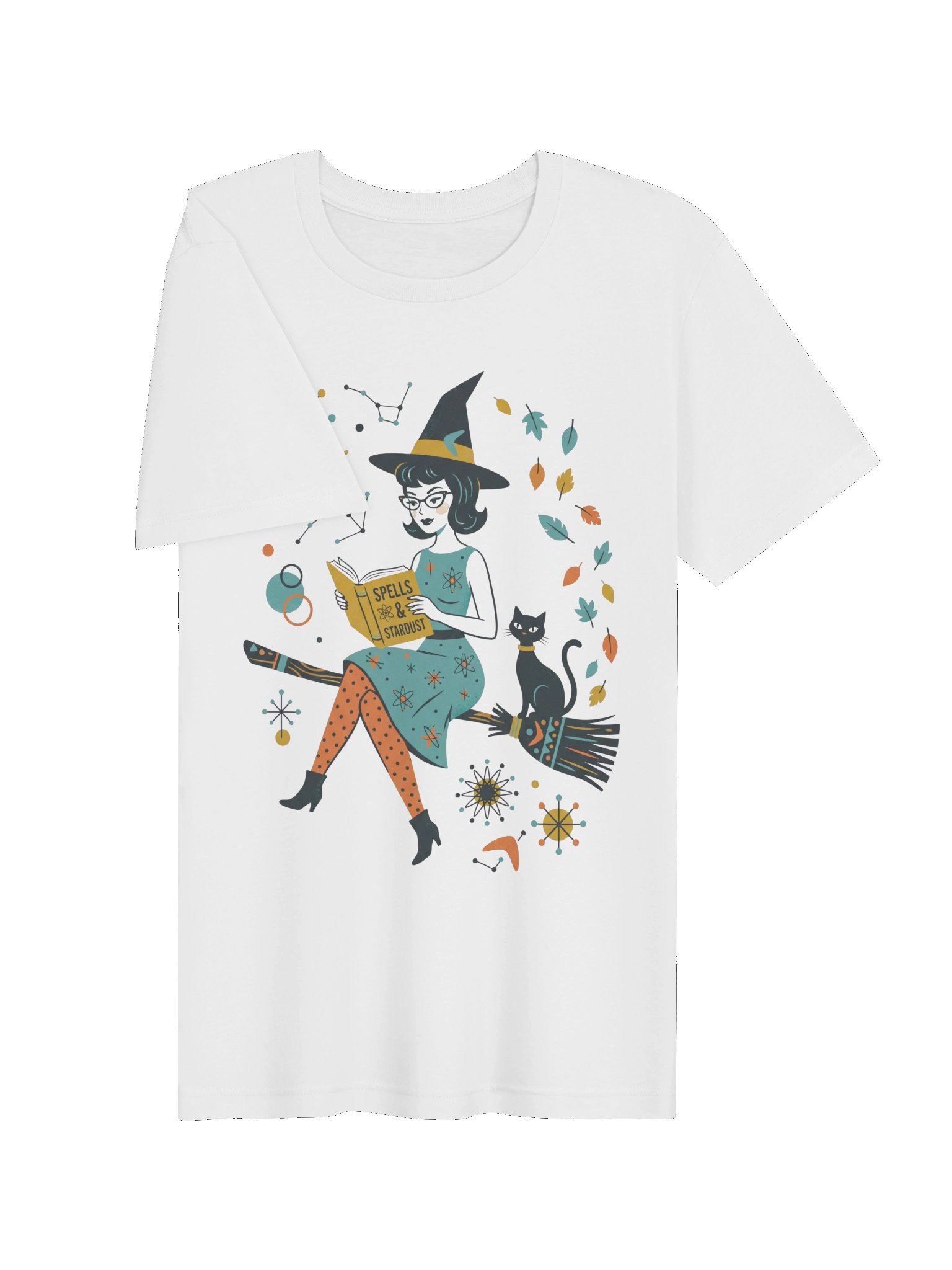Retro Witch T-Shirt | Mid-Century Halloween Black Cat & Broom Tee product image (3)