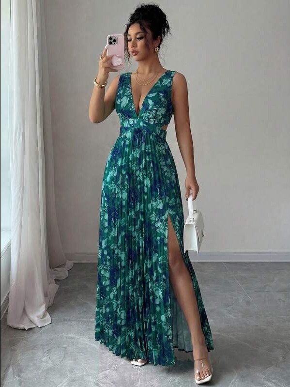 ADLEST Sleeveless V-Neck Waist Hollow A-Line Pleated Floral Elegant Romantic Women Dress product image (2)