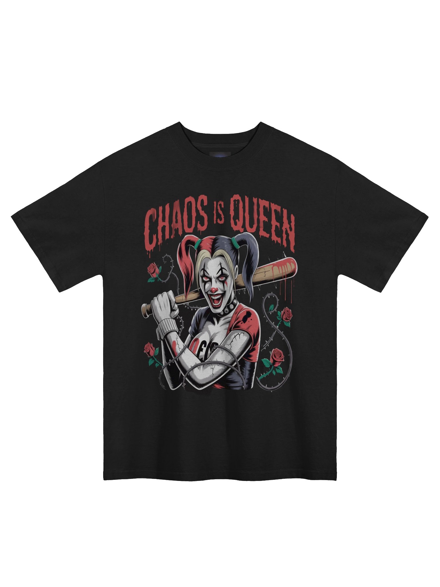 Harley Quinn 'Chaos is Queen' Rose-Thorn Bat Oversized Faded T-Shirt product image (3)