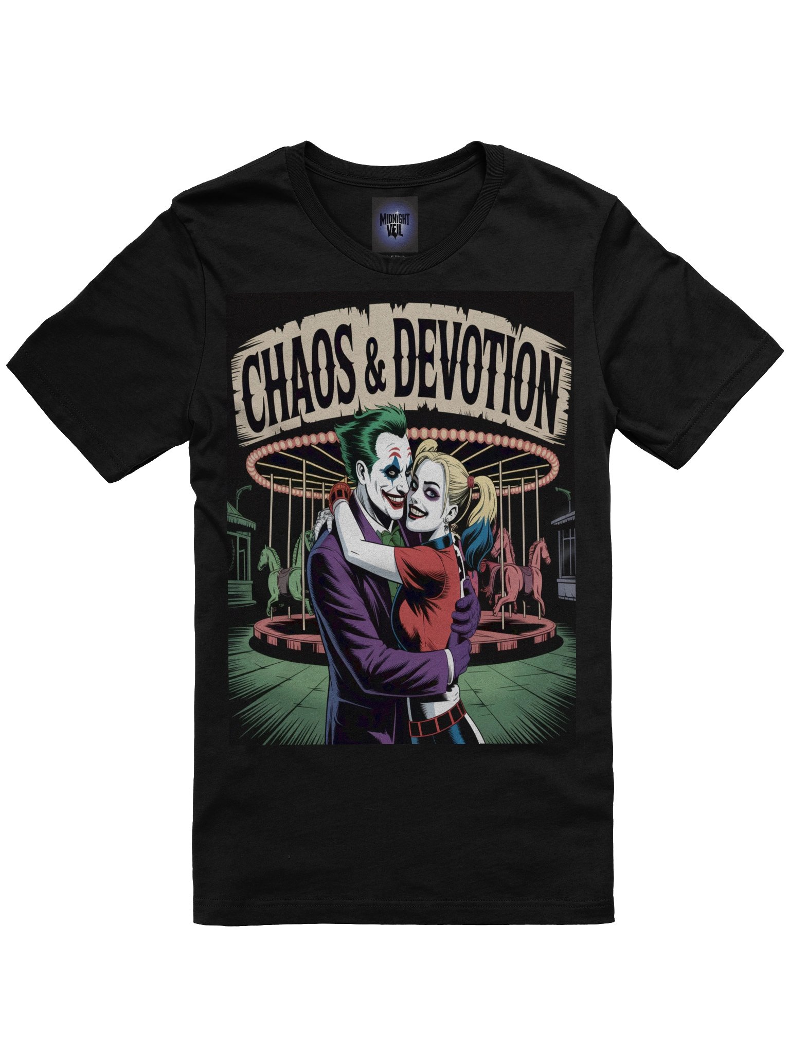 Chaos & Devotion: Joker and Harley Quinn Carousel Embrace T-Shirt product image (3)