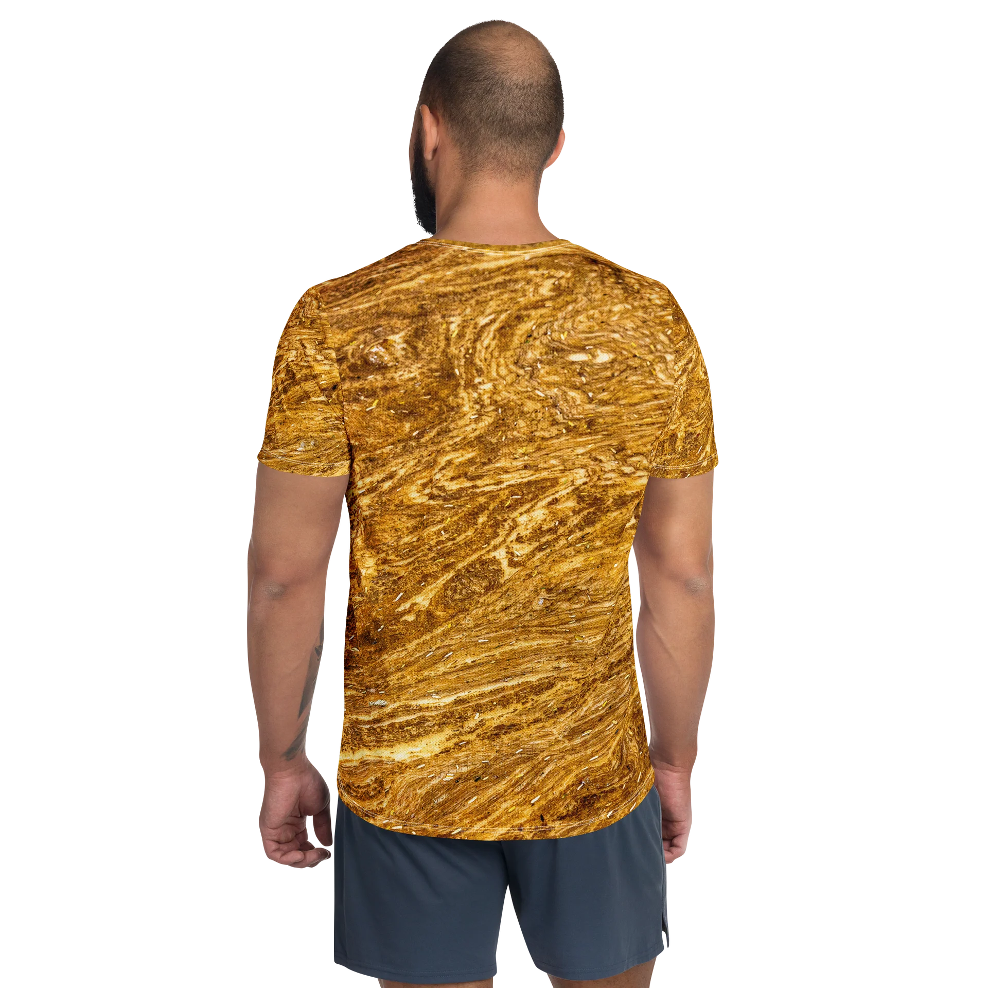 Golden Strata: Golden Amber Marble Athletic T-Shirt | All-Over Print Performance Workout Tee | Earthy Ochre Moisture-Wicking Gym Shirt product image (2)