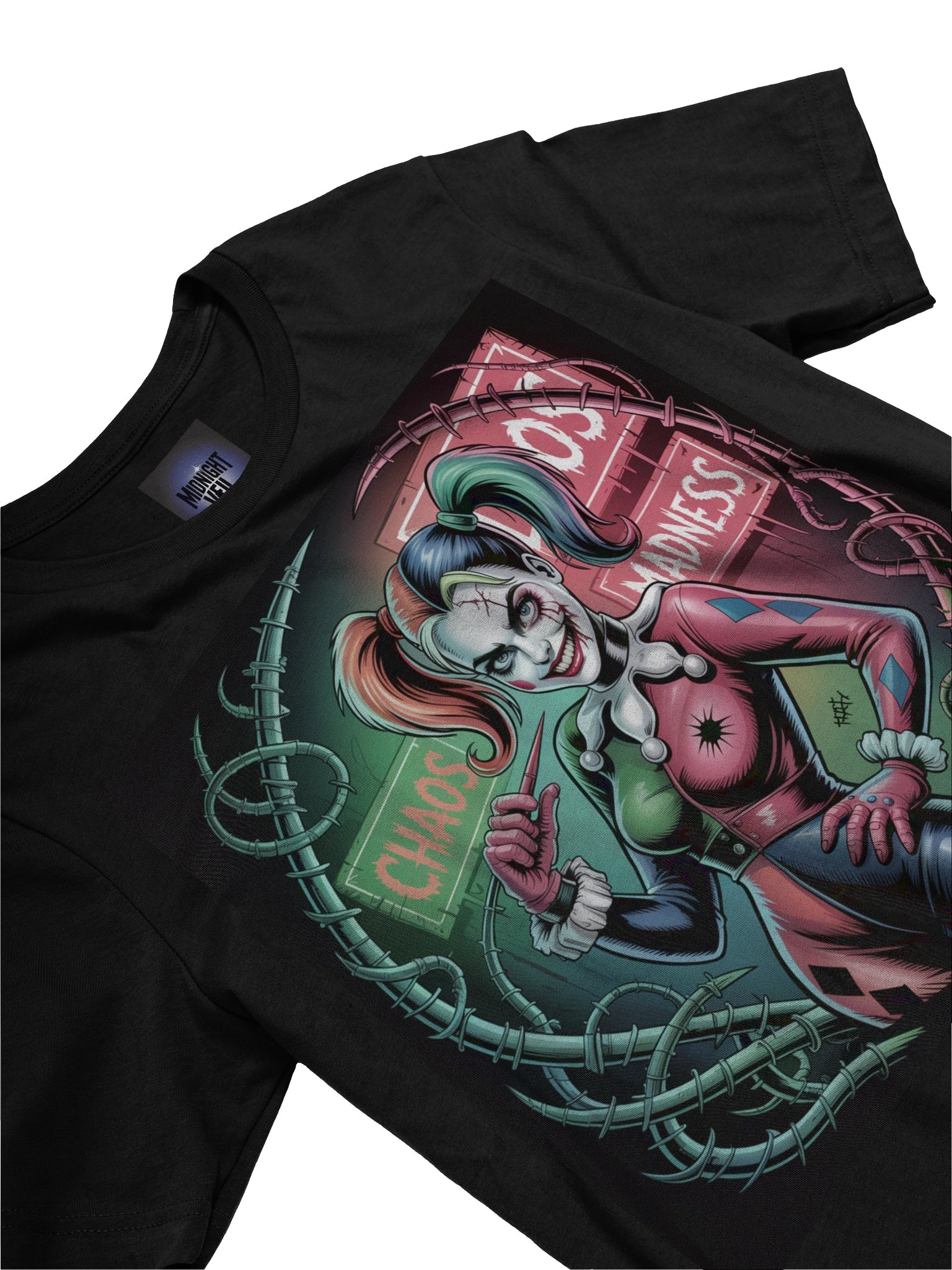 Chaos and Madness: Harley Quinn's Vine-Entwined Vortex Graphic Tee product image (5)