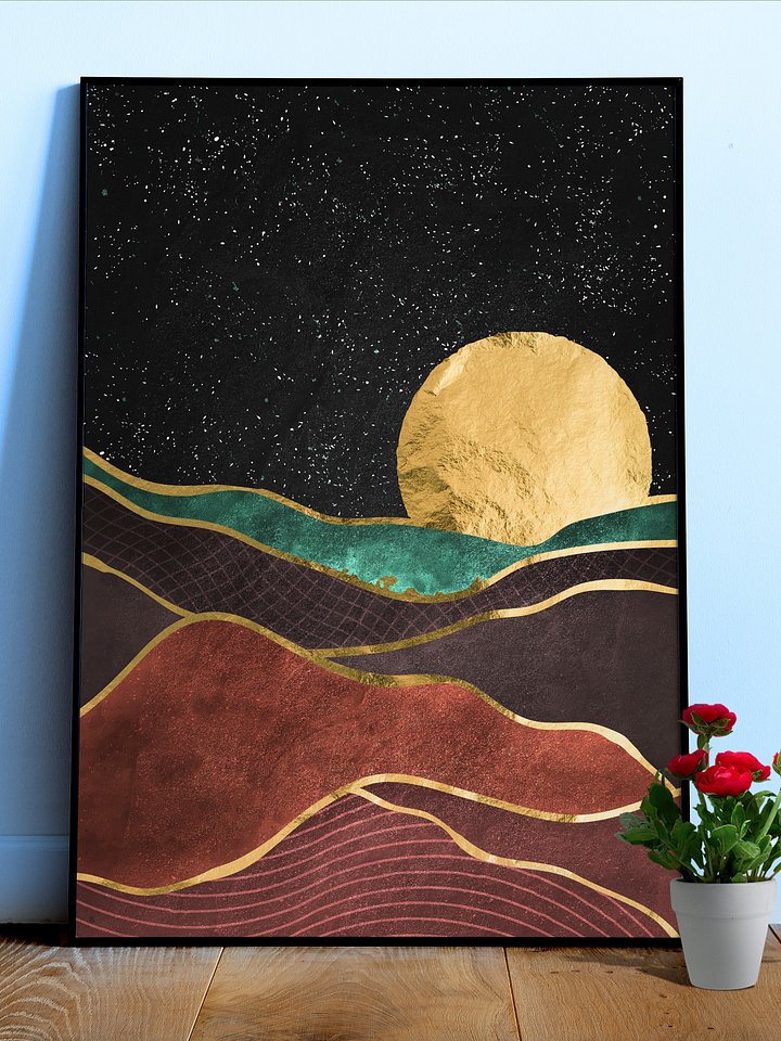 Golden landscape with moon #1 — Japanese golden poster, travel poster, aesthetic poster product image (1)
