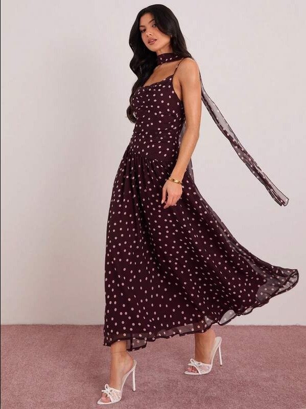 ADLEST Summer Romantic Women's Brown Polka Dot Print Sleeveless Dress With Neck Ribbon,Festival Outfits product image (1)