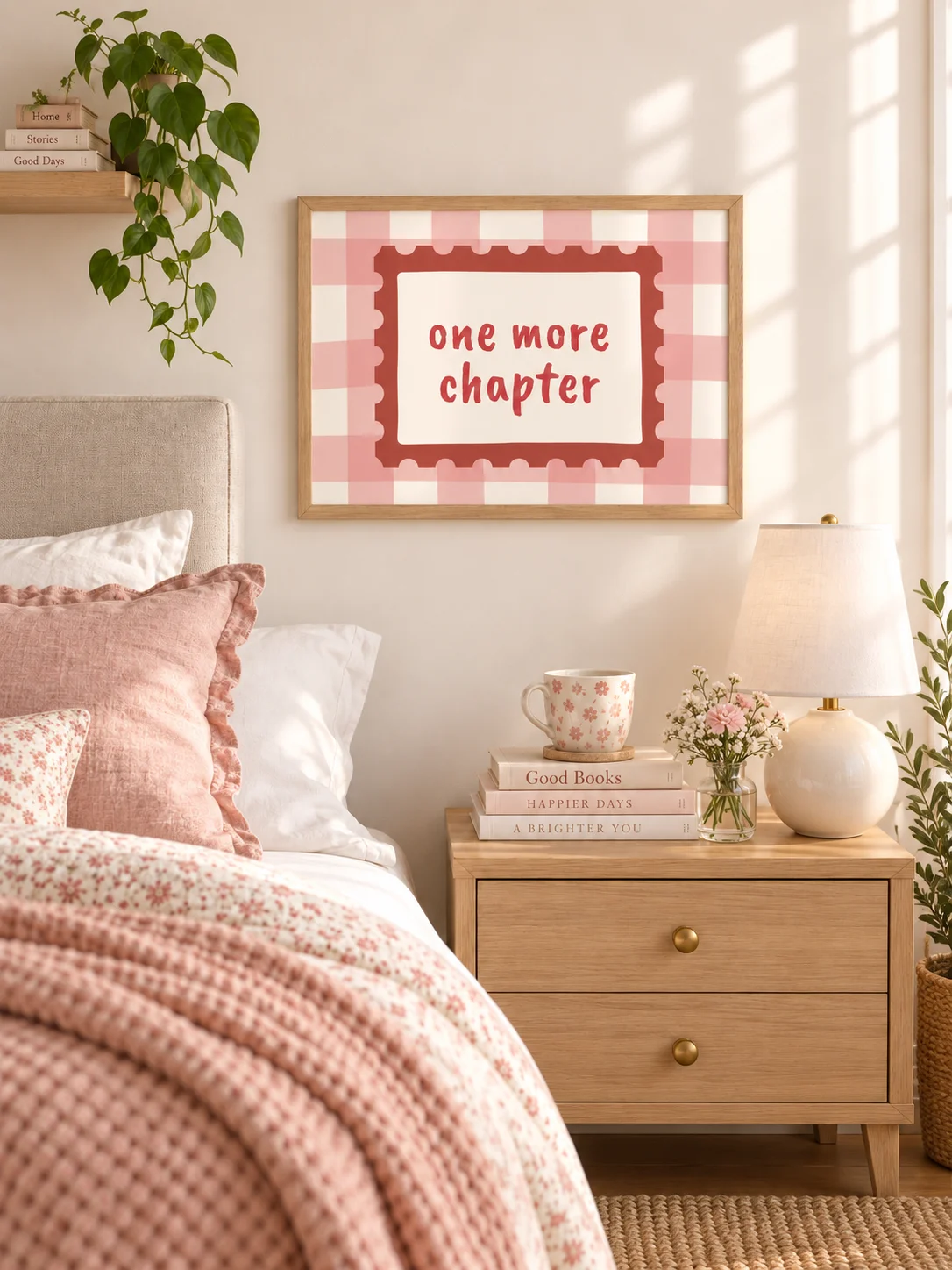 One More Chapter Print | Book Lover Decor | Pink Gingham Reading Nook | Literary Quote Poster | Cozy Library Digital Download product image (7)