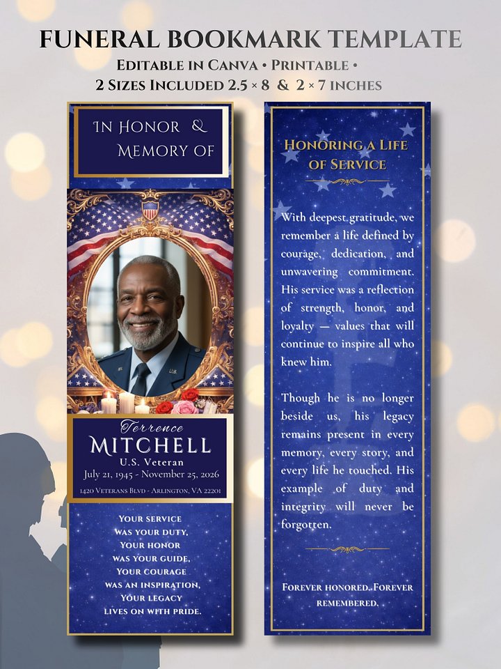 Military Memorial Bookmark Template, Veteran Funeral Keepsake, Editable Canva Patriotic Tribute product image (1)