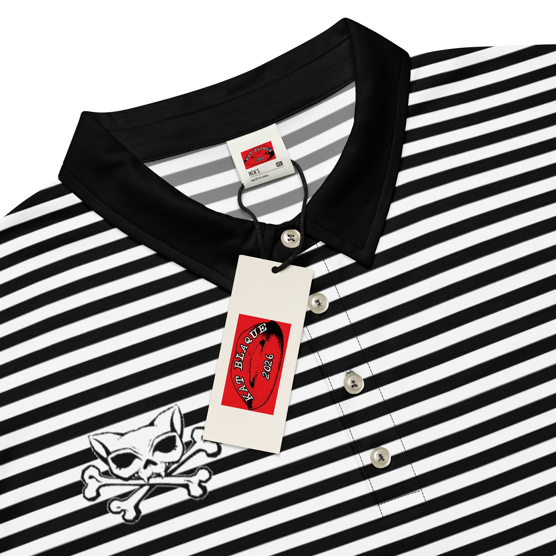 White and Blaque Stripped Kat Skull Polo product image (4)