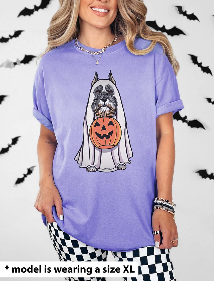 Funny Halloween Schnauzer(Cropped Ears) T-Shirt | Funny Schnauzer Wearing a Ghost Costume and Holding a Pumpkin Basket product image (2)