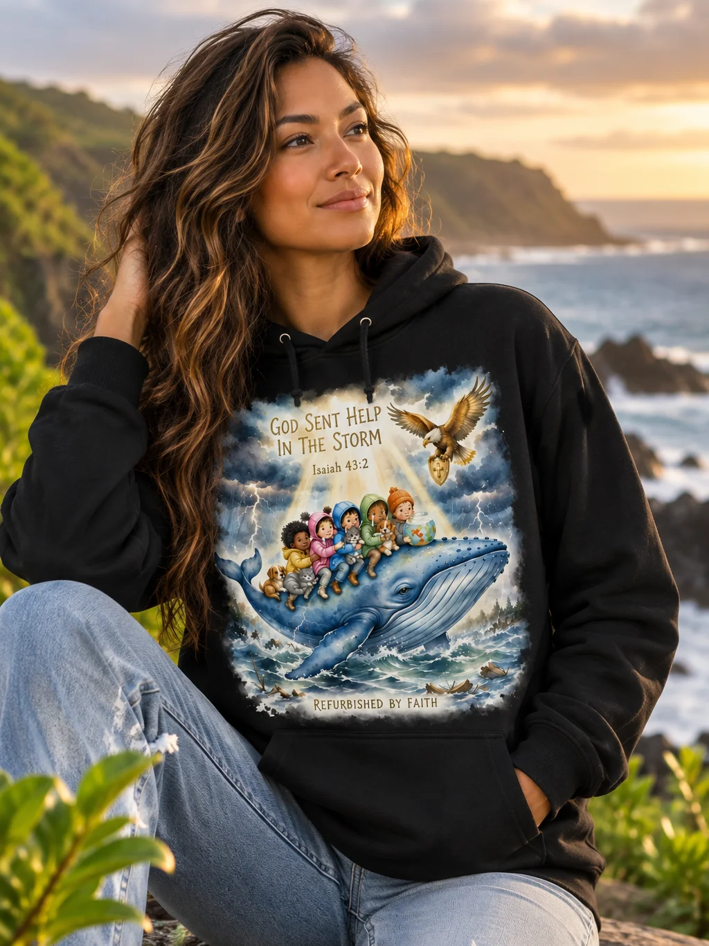 God Sent Help in the Storm Christian Hoodie | Isaiah 43:2 Whale Faith Sweatshirt | Christian Graphic Hoodie | Refurbished by Faith product image (1)