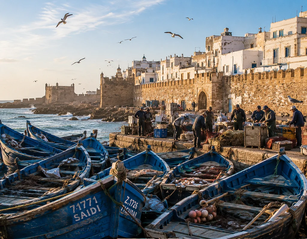 Traditional blue fishing boats at the harbor in Essaouira, Morocco, with fishermen, seagulls, historic stone walls, and white coastal buildings along the Atlantic.