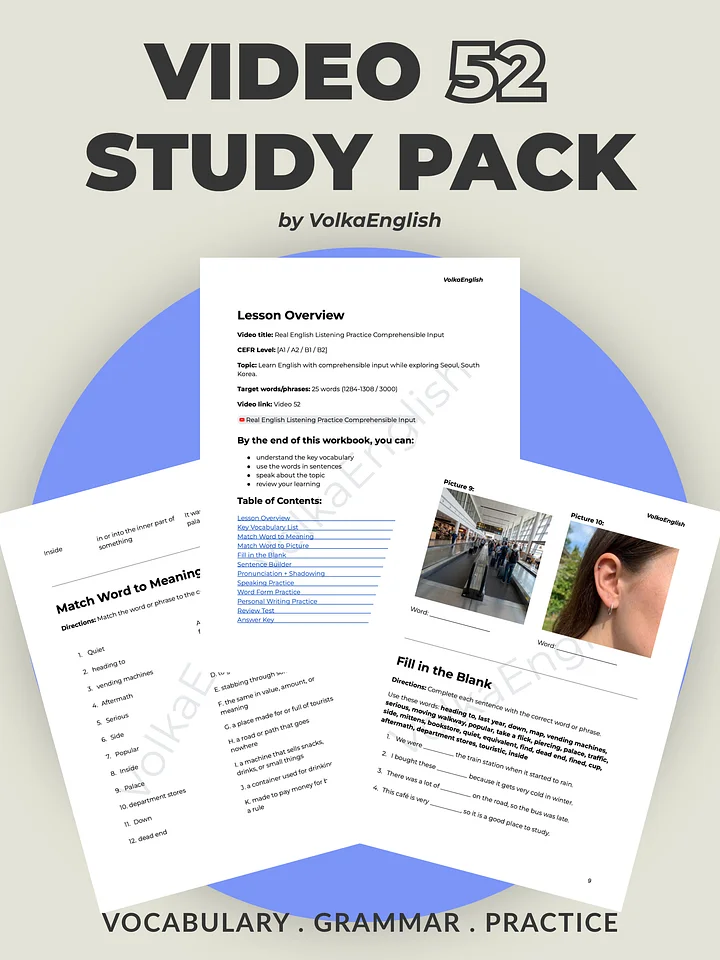 Real English Listening Practice Comprehensible Input - Video 52 Study Pack product image (1)