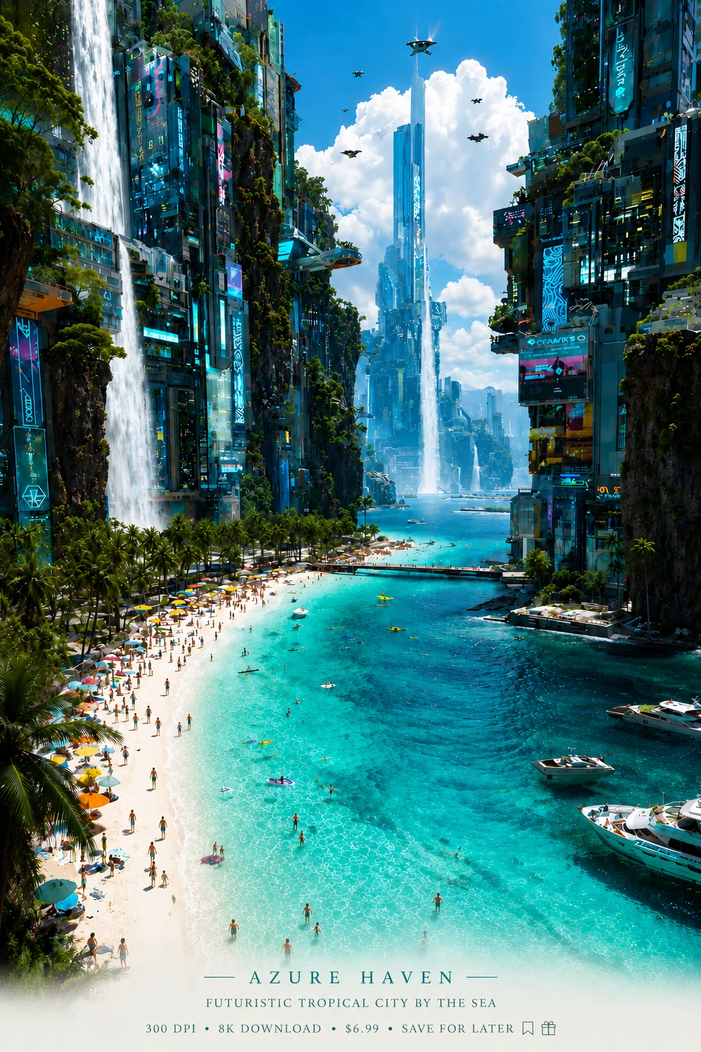 Azure Haven Futuristic Tropical City by the Sea | Tropical Sci Fi Beach Wall Art Print | Home Art product image (1)
