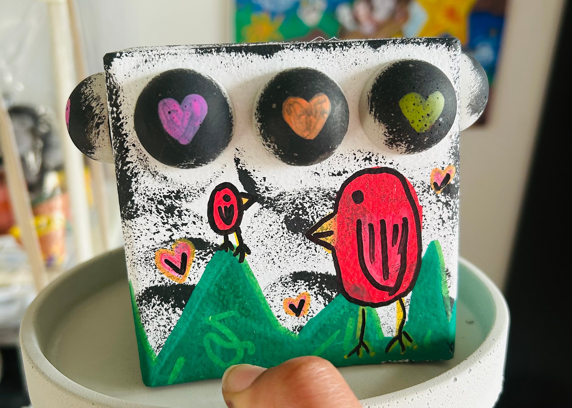 The Wood Bird family 1-1 original painted cement plant pot and tray product image (1)