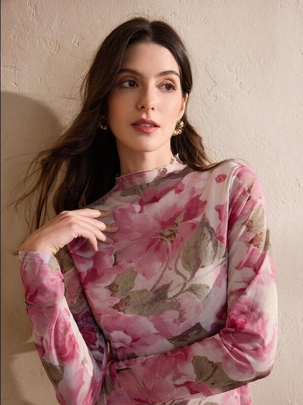 ADLEST Graceveil Women's Fashionable Mesh Floral Print Slim Fit Dress, Spring/Summer Fall Cloth For Women product image (2)