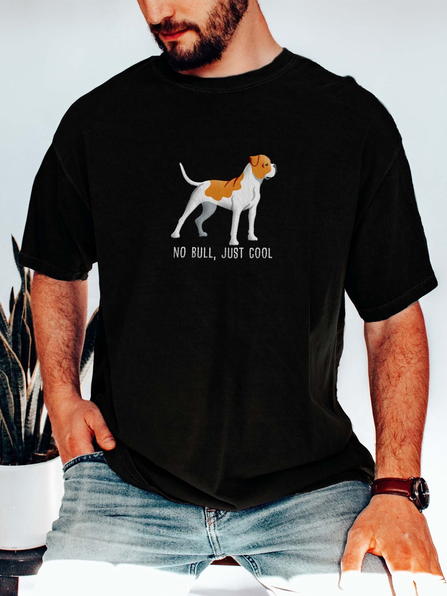 No Bull, Just Cool T-Shirt(Embroidered) of an American Bulldog(Tan) product image (2)