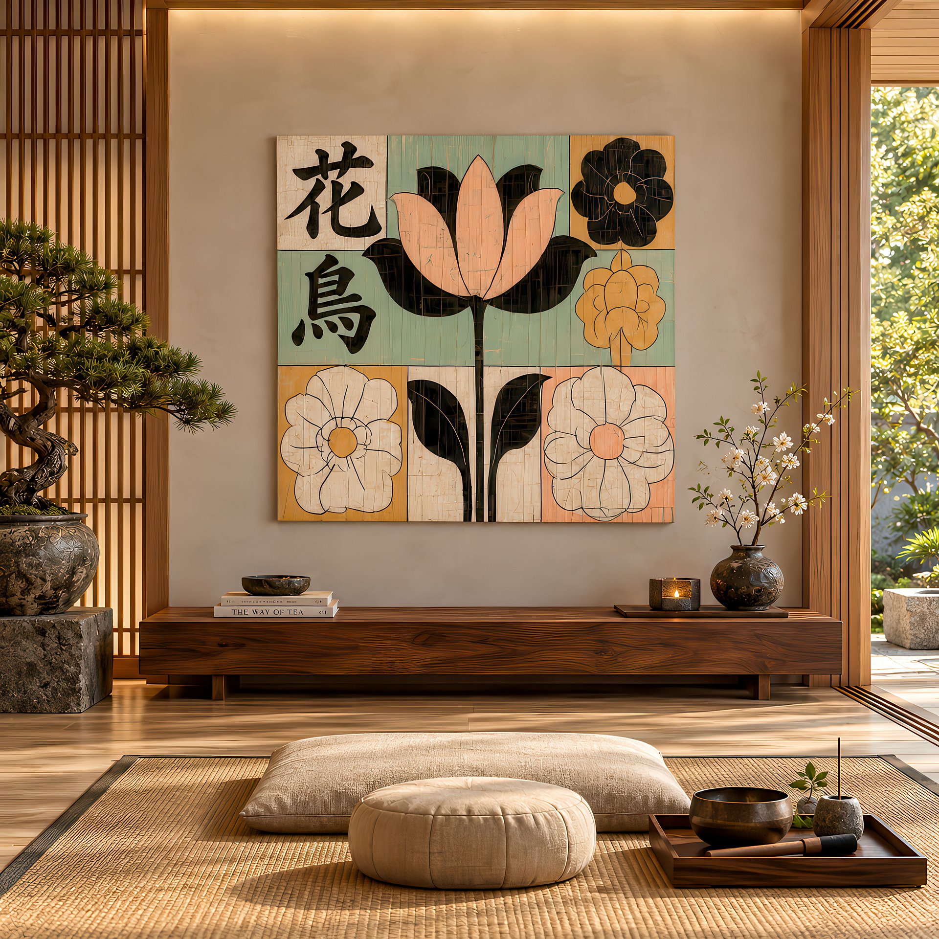 Kyoto Garden | Japanese Floral Modernist | Birch Wood Art Panel | Wall Decor | 24×24″ (60x60 cm) product image (5)