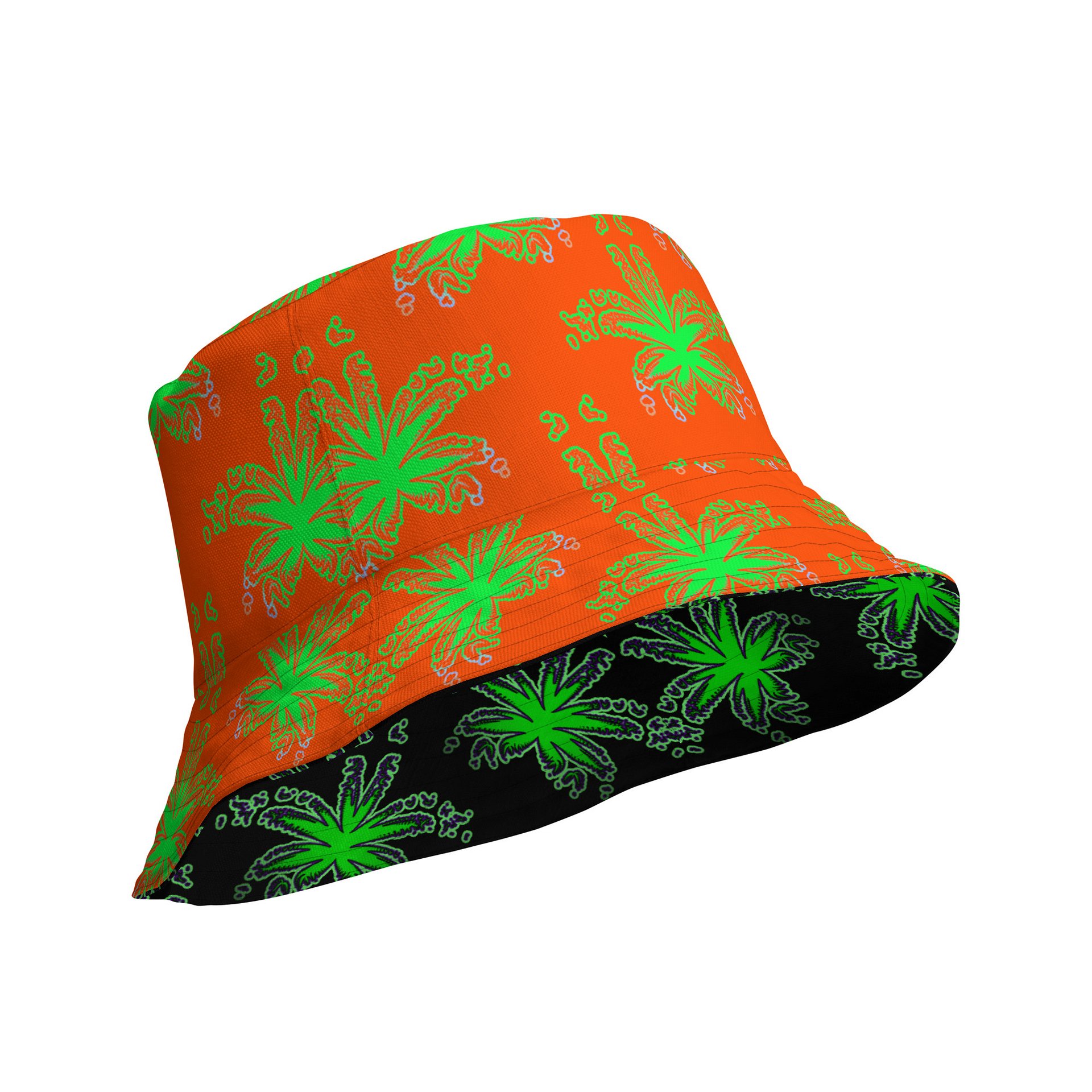 Stoner Raver Reversible Bucket Hat, Cannabis Halloween Accessory, Weird Weed Rave Wear, Orange Green Black Pot Leaf 420 Alt Festival Fashion product image (4)